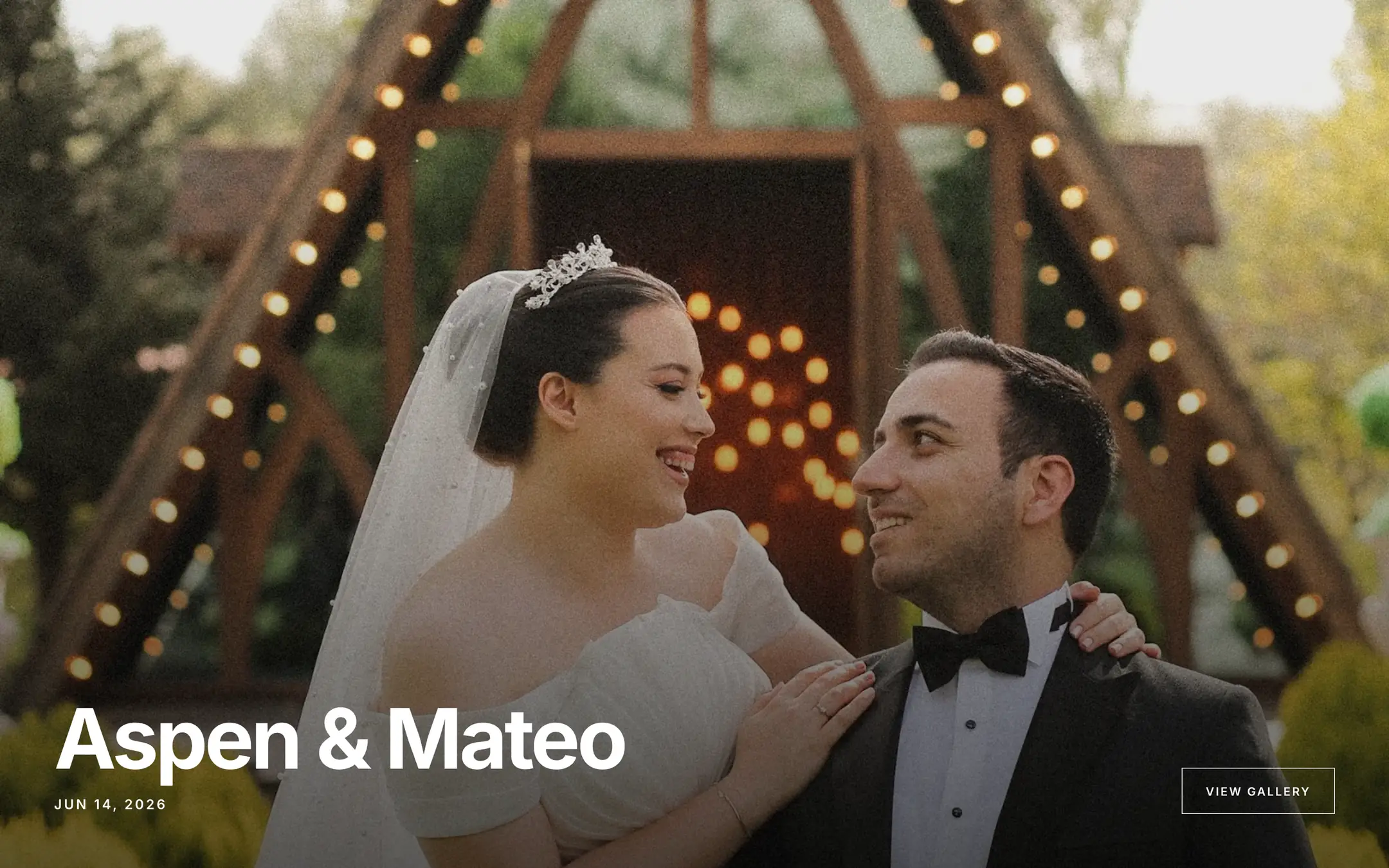 A client gallery open in a browser: a full-width cover photograph with the couple’s names, the wedding date, and a View gallery button.