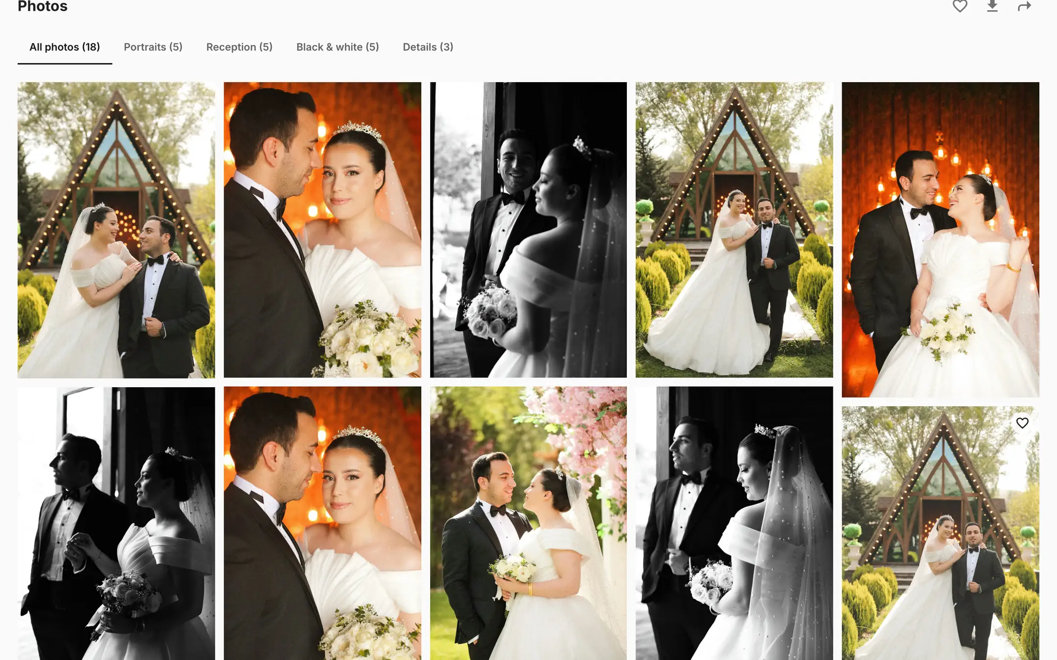 A client browsing their gallery: photo sets across the top and a grid of photographs, with a favorite button on each.