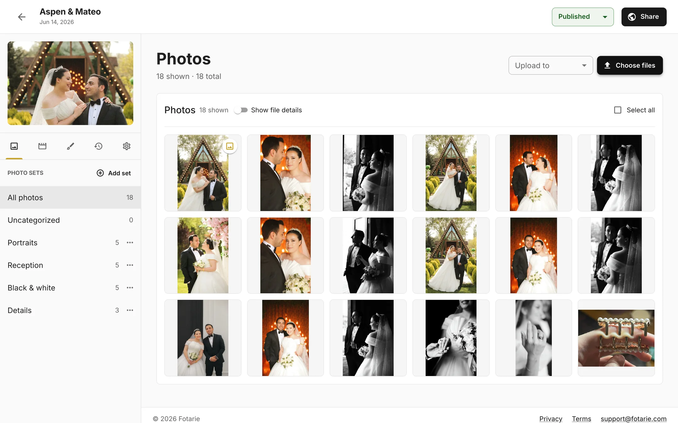 A photographer’s gallery workspace: photo sets listed in the sidebar, the cover photograph, and a grid of uploaded frames.