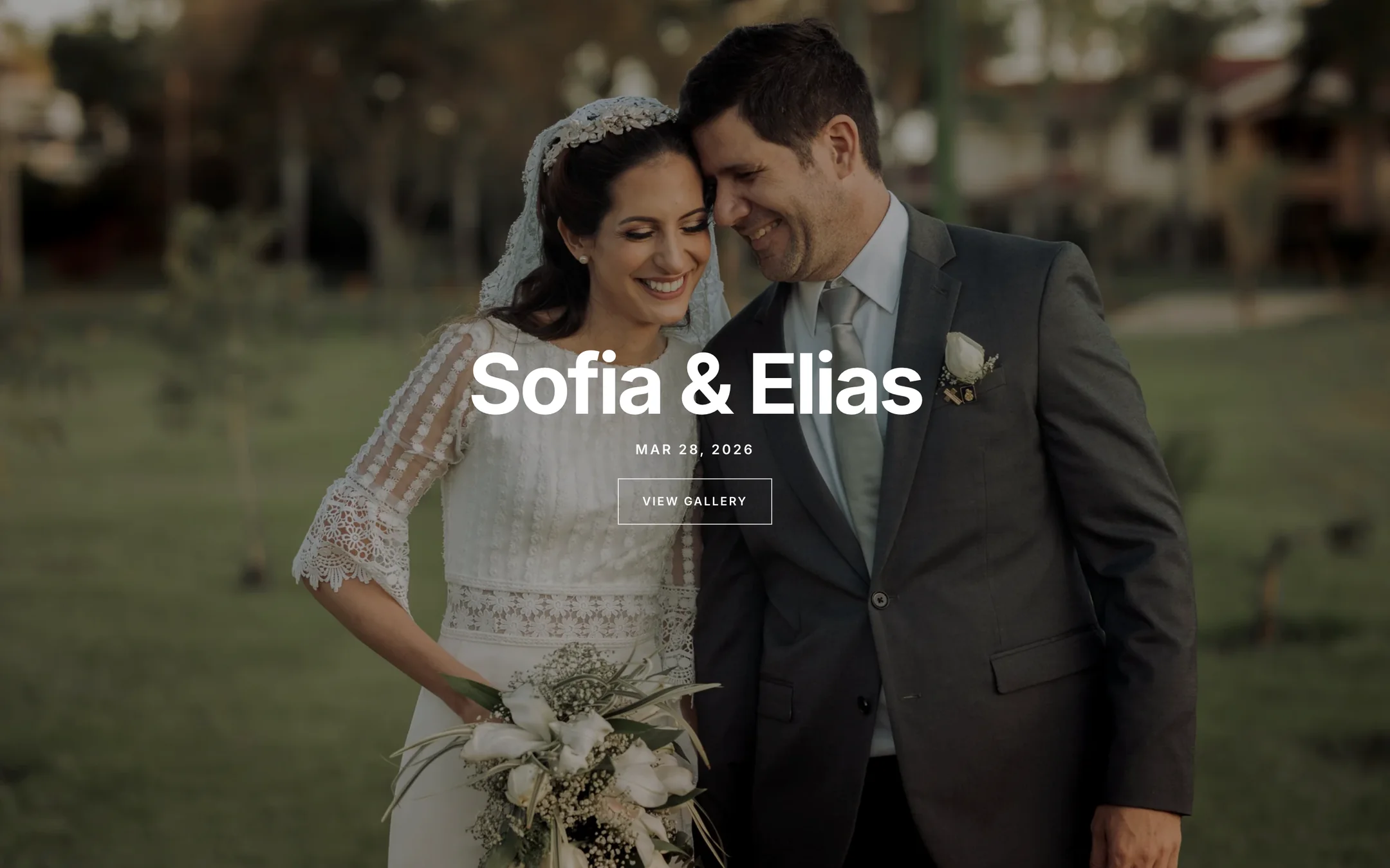 A client gallery open in a browser: a full-bleed cover photograph of a couple, with their names, the wedding date, and a View gallery button centred over it.