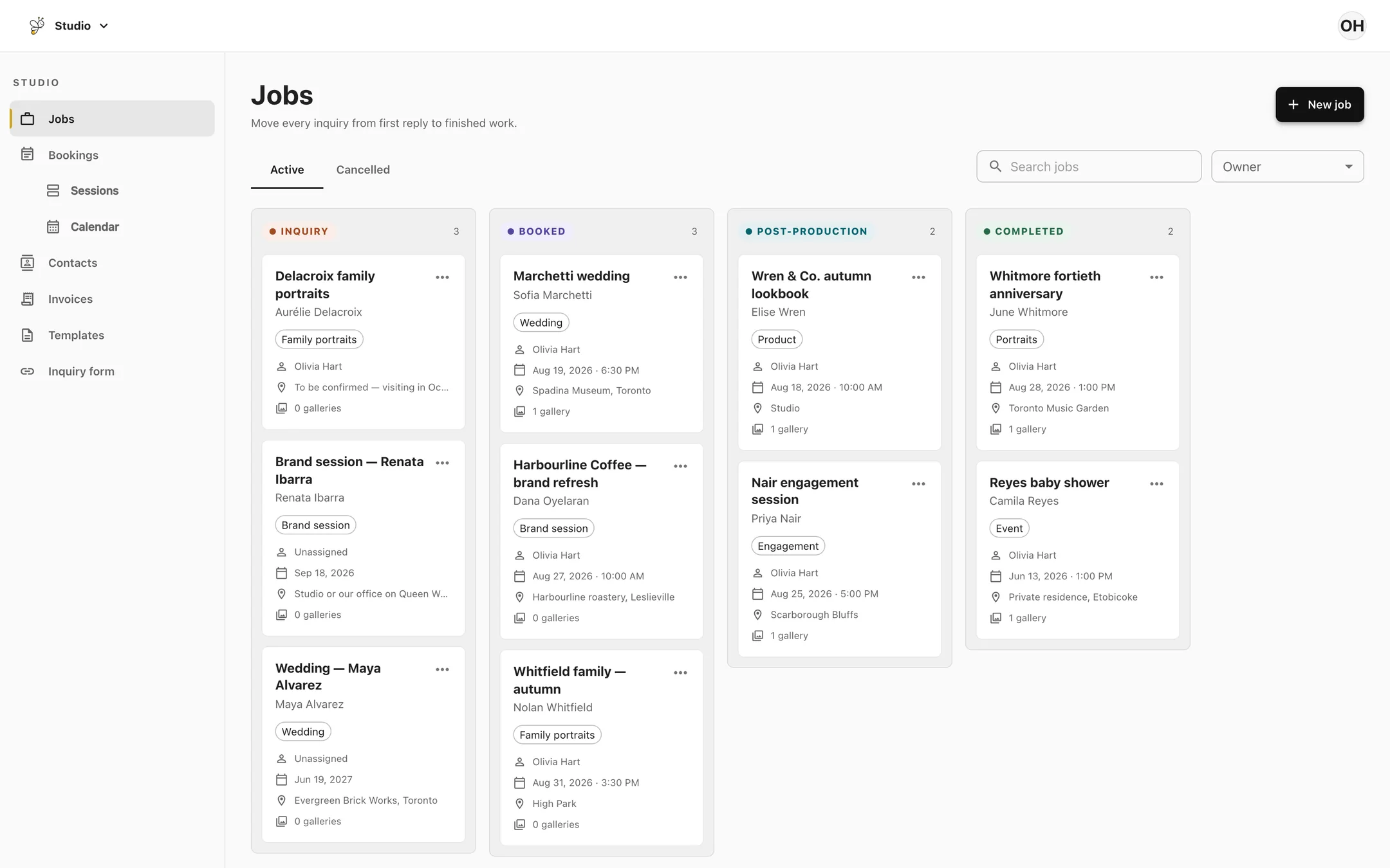A photographer’s job board with four lanes — Inquiry, Booked, Post-production, and Completed — and a card for each shoot showing its client and session date.
