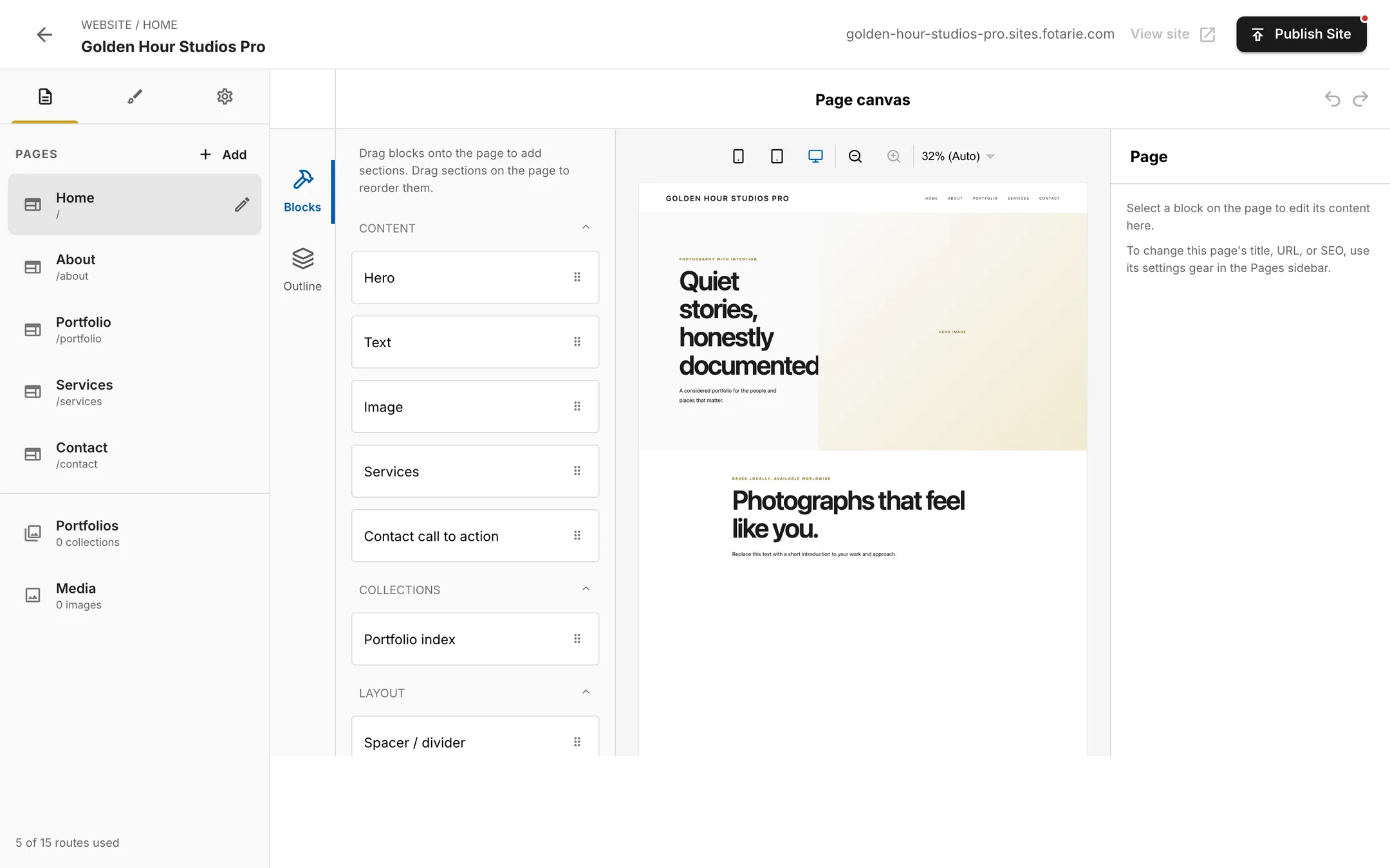 The website editor, with a block palette on the left and a portfolio page laid out beside it.